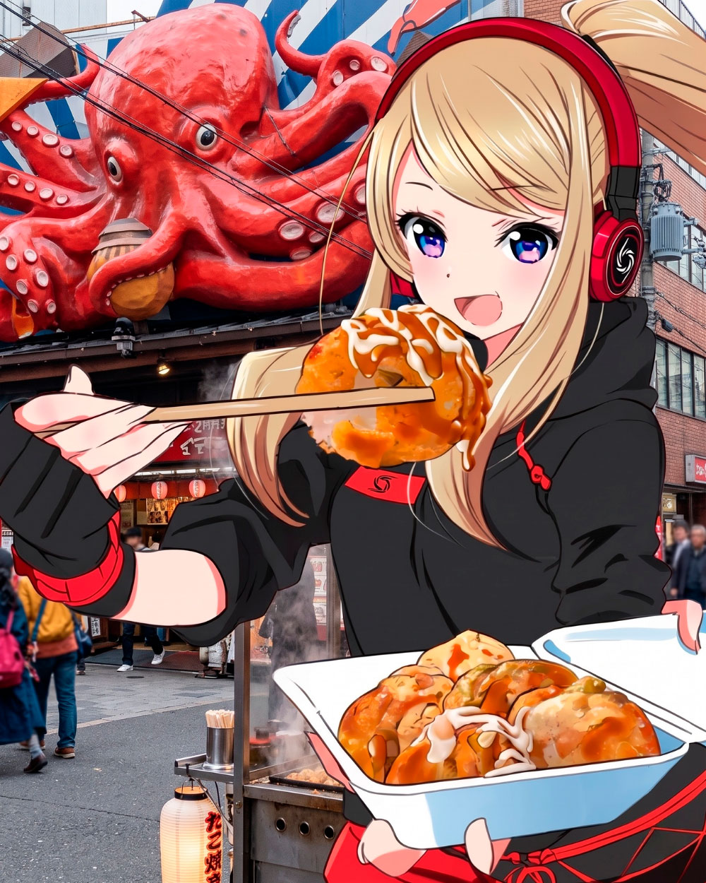 Elena eating Takoyaki in Japan